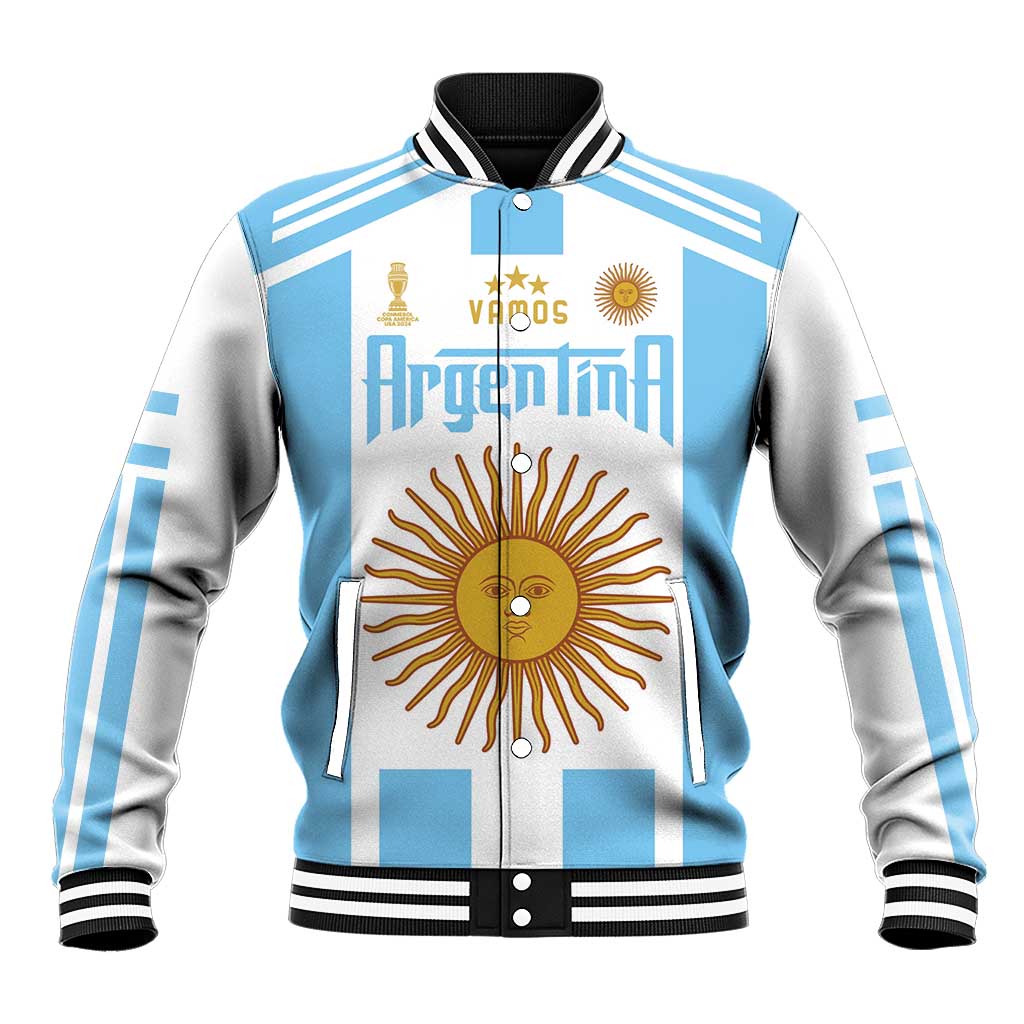 Sky blue and white baseball jacket with black striped collar, front emblem and sun graphic