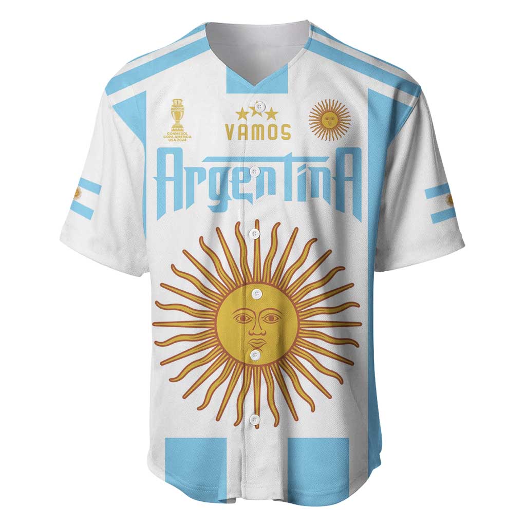 White and sky-blue football jersey with VAMOS Argentina graphic and sun face emblem