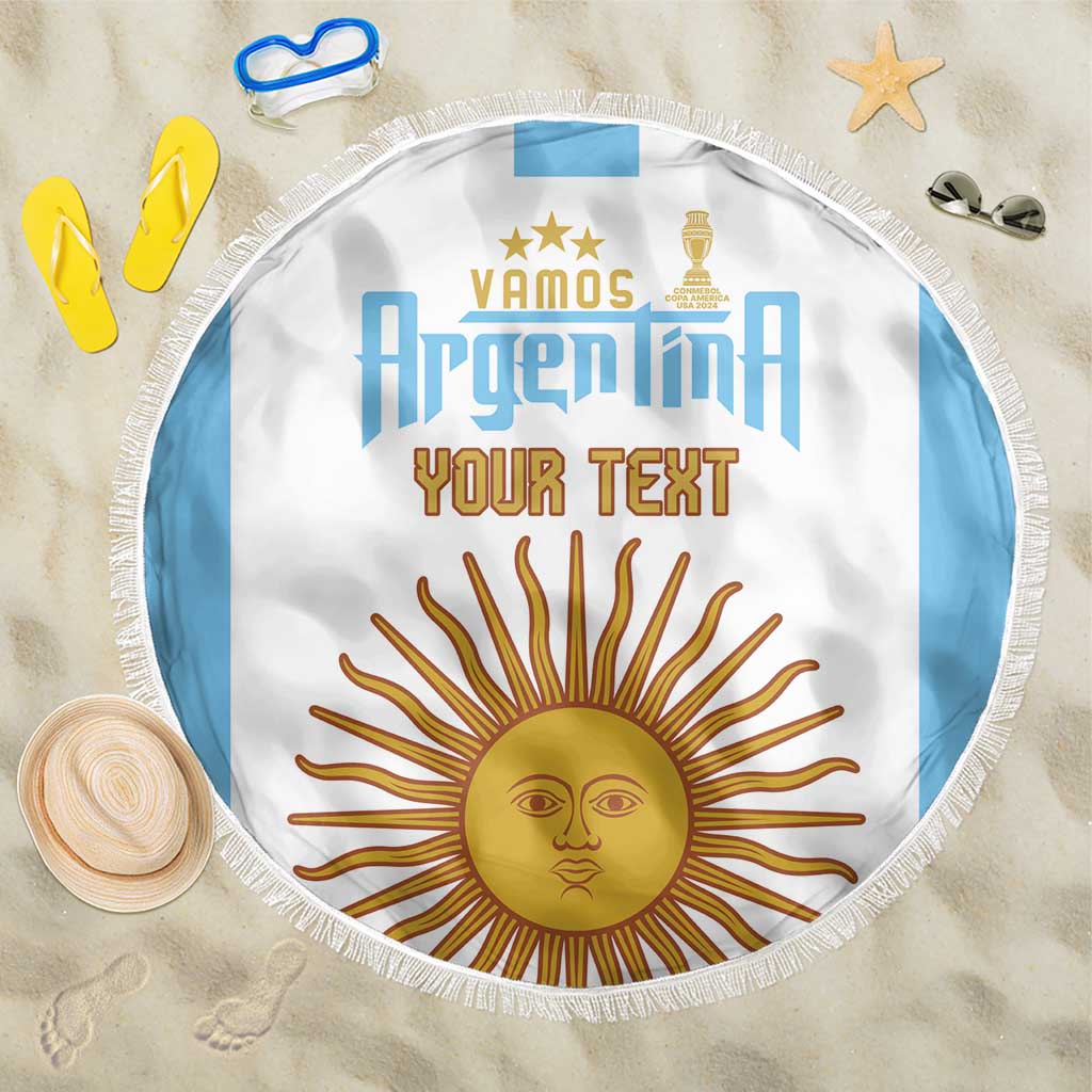 Round beach blanket in white with sky-blue border and fringe, custom center graphic