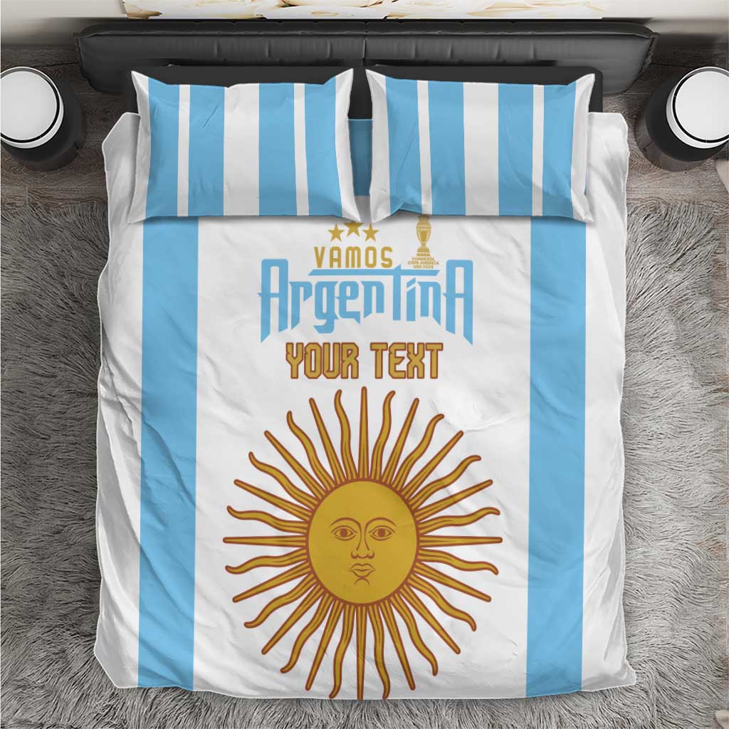 Argentinian football themed bedding set laid flat: white duvet with sky-blue stripes
