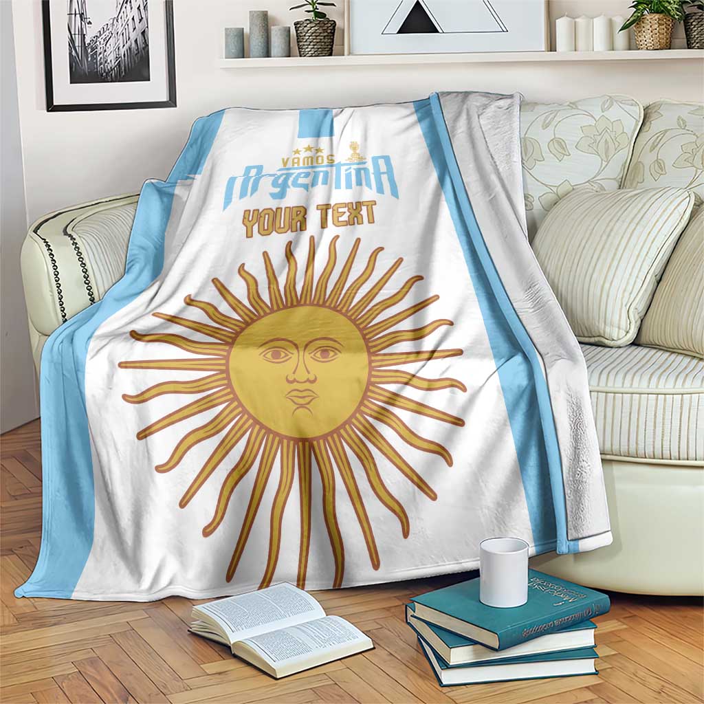 Custom football blanket with white base, sky-blue trim, sun graphic, Argentina text