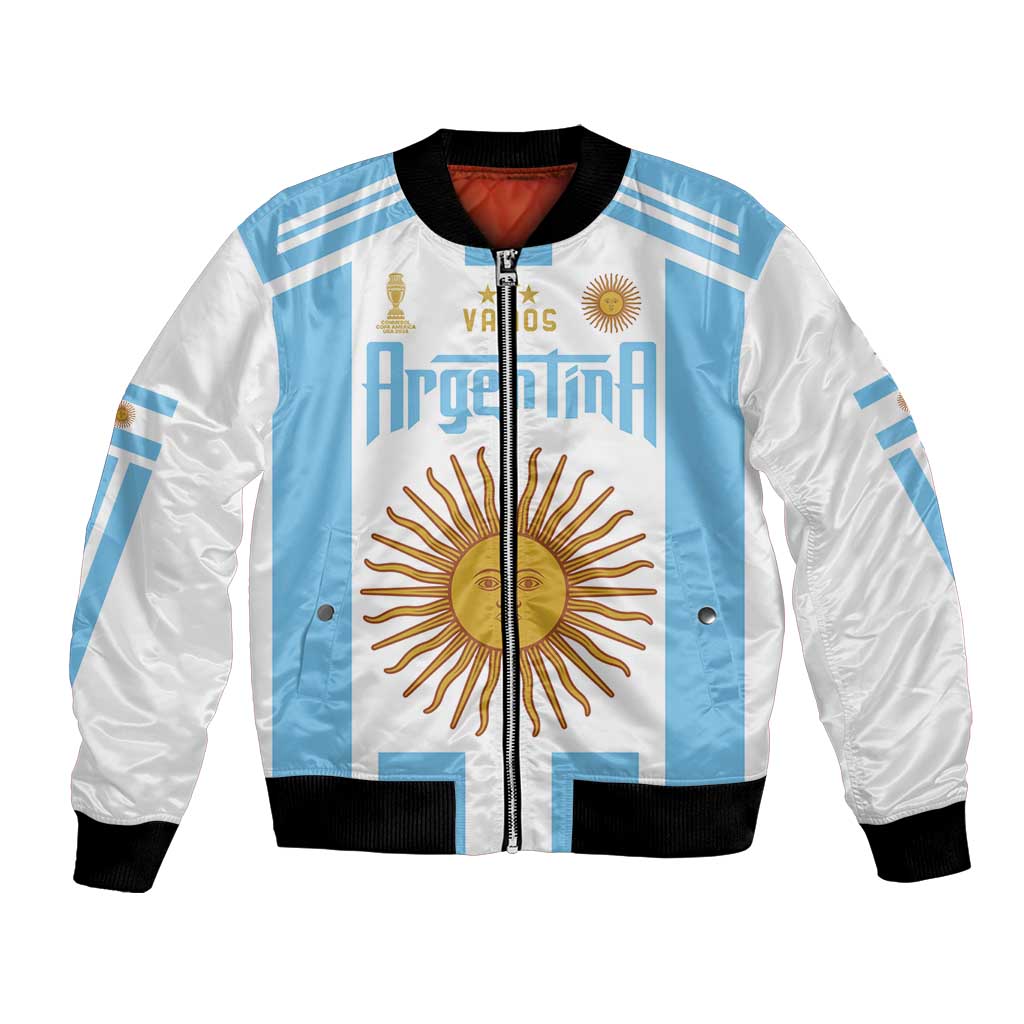 White and sky blue bomber jacket with black rib trim and Argentina sun graphic