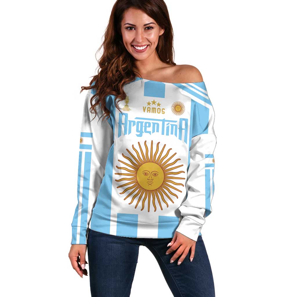 Vamos Argentina Champions Football Custom Off Shoulder Sweater White and Sky Blue - Wonder Print Shop