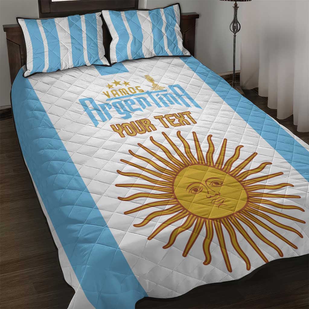 Quilt bed set with diagonal sky-blue borders, white center with sun graphic and pillows