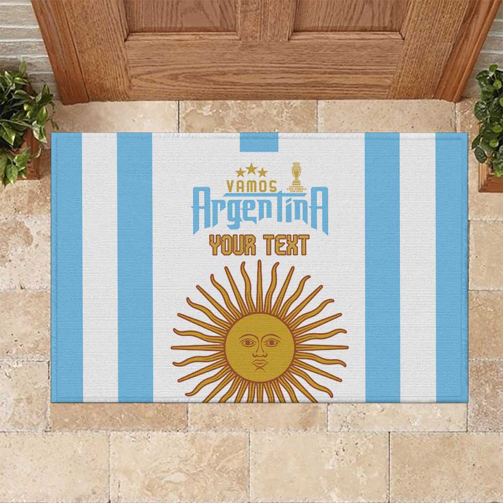 White and sky blue striped rubber doormat with sun emblem and your text area