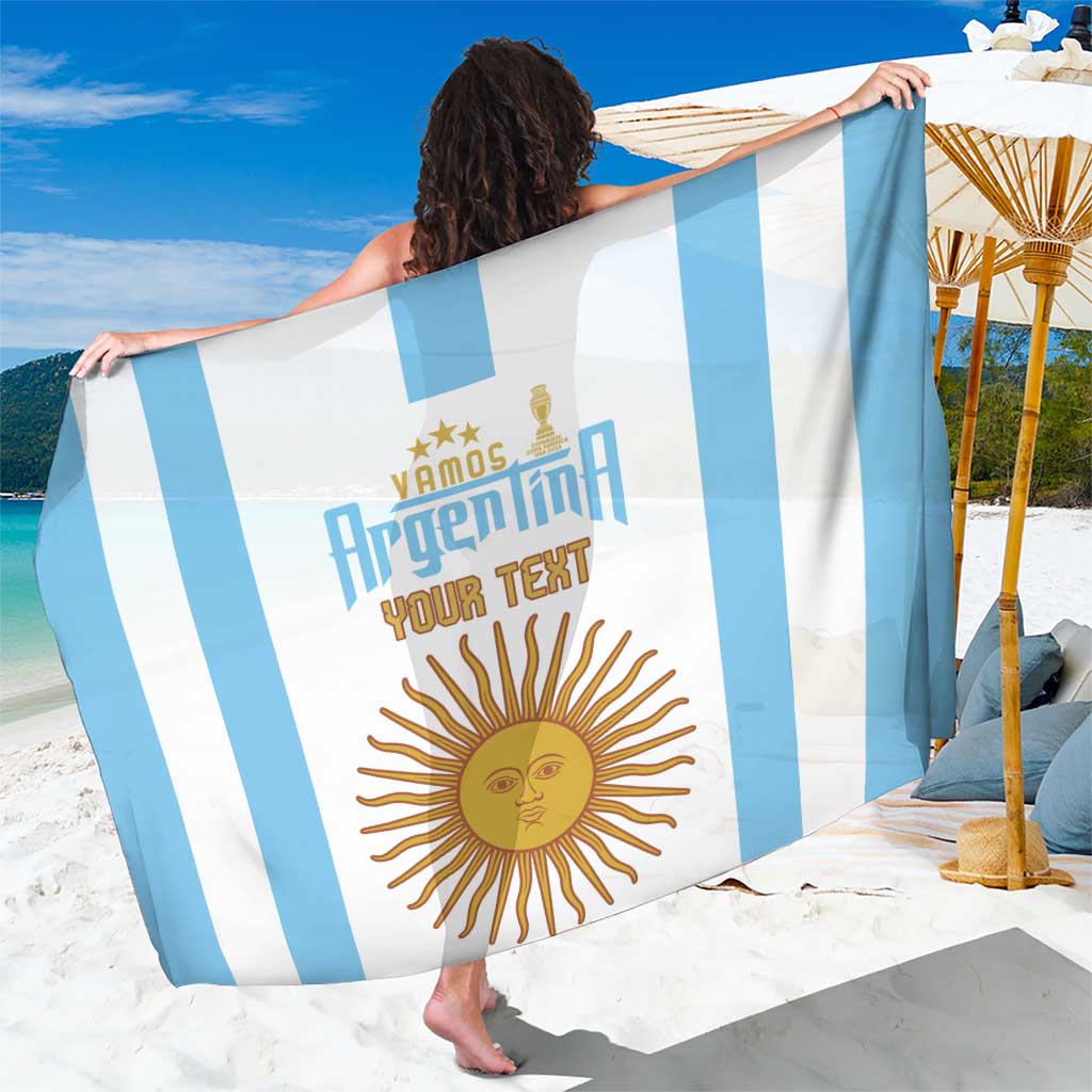 Sky-blue and white striped sarong with sun emblem and custom text