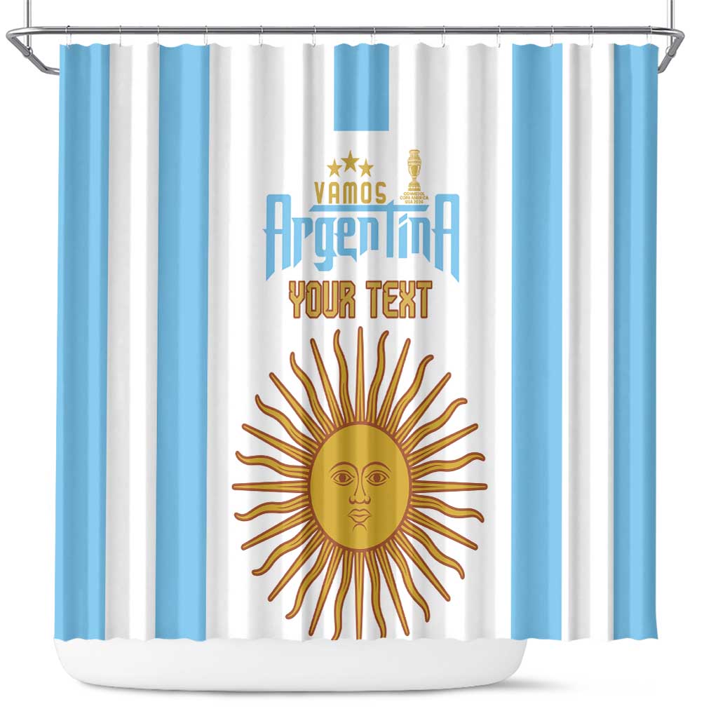 Sky-blue and white striped shower curtain with sun face graphic and trophy crest
