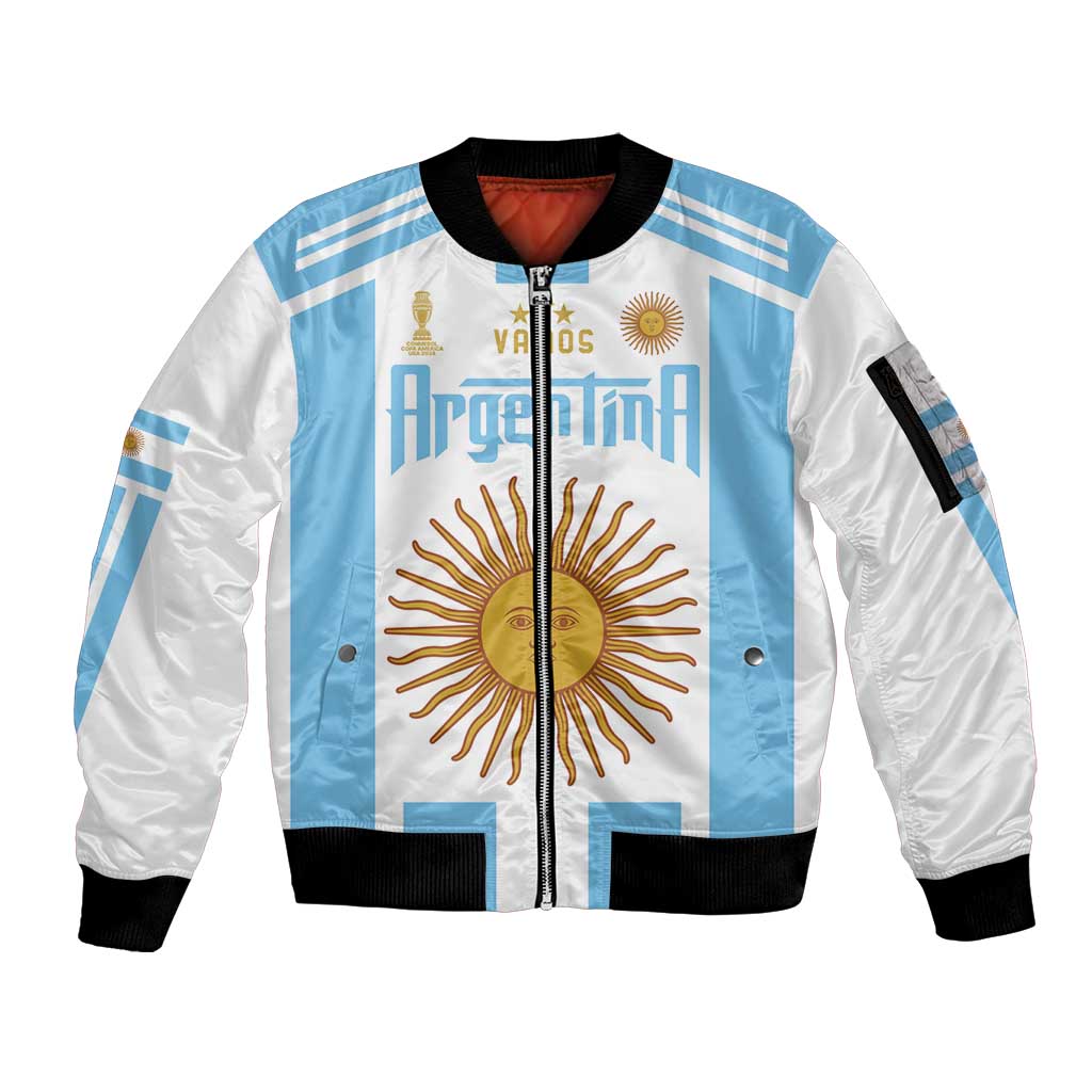 White sky-blue zip bomber jacket with black ribbed trim and central sun graphic