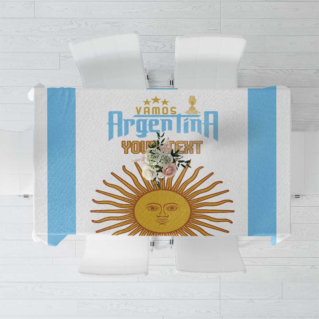 White tablecloth with sky-blue side panels and sun graphic, folded corners