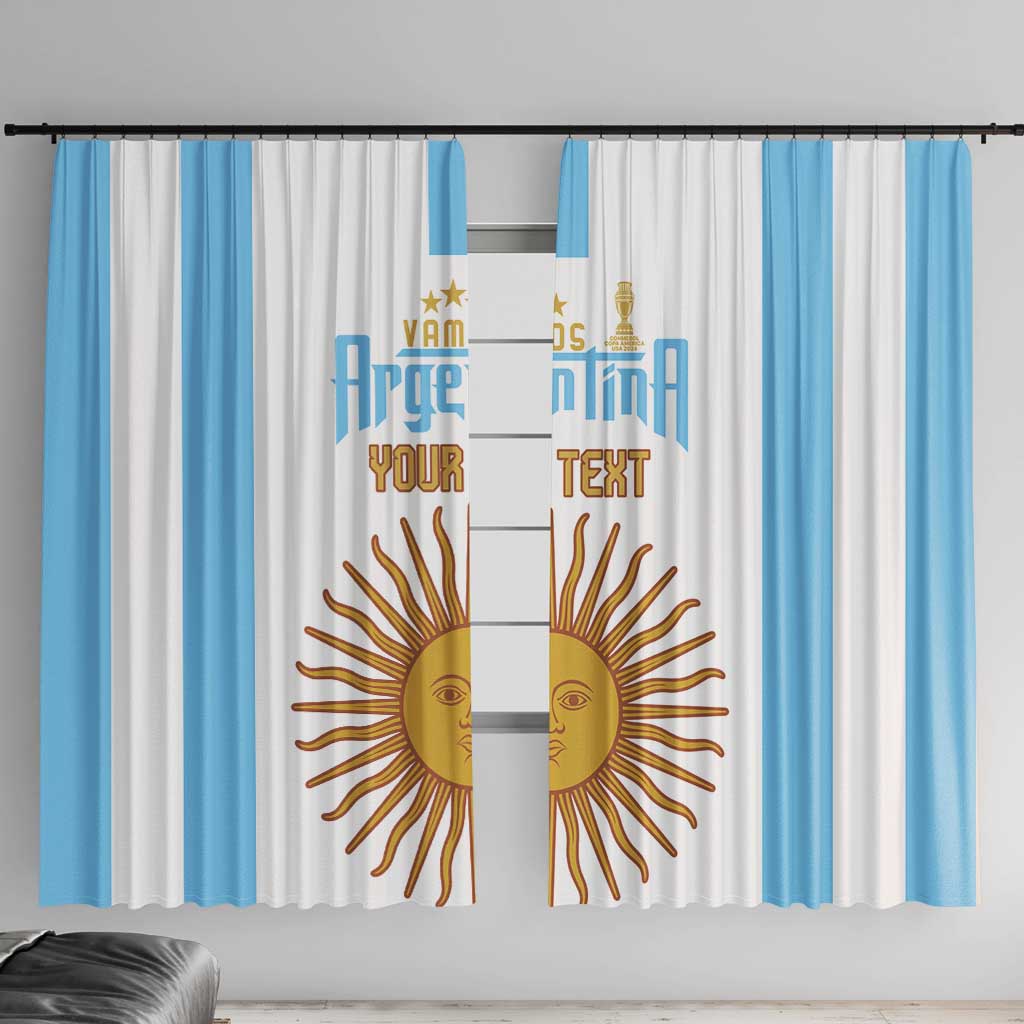 Custom window curtains front view, white and sky-blue panels with sun graphic and YOUR TEXT