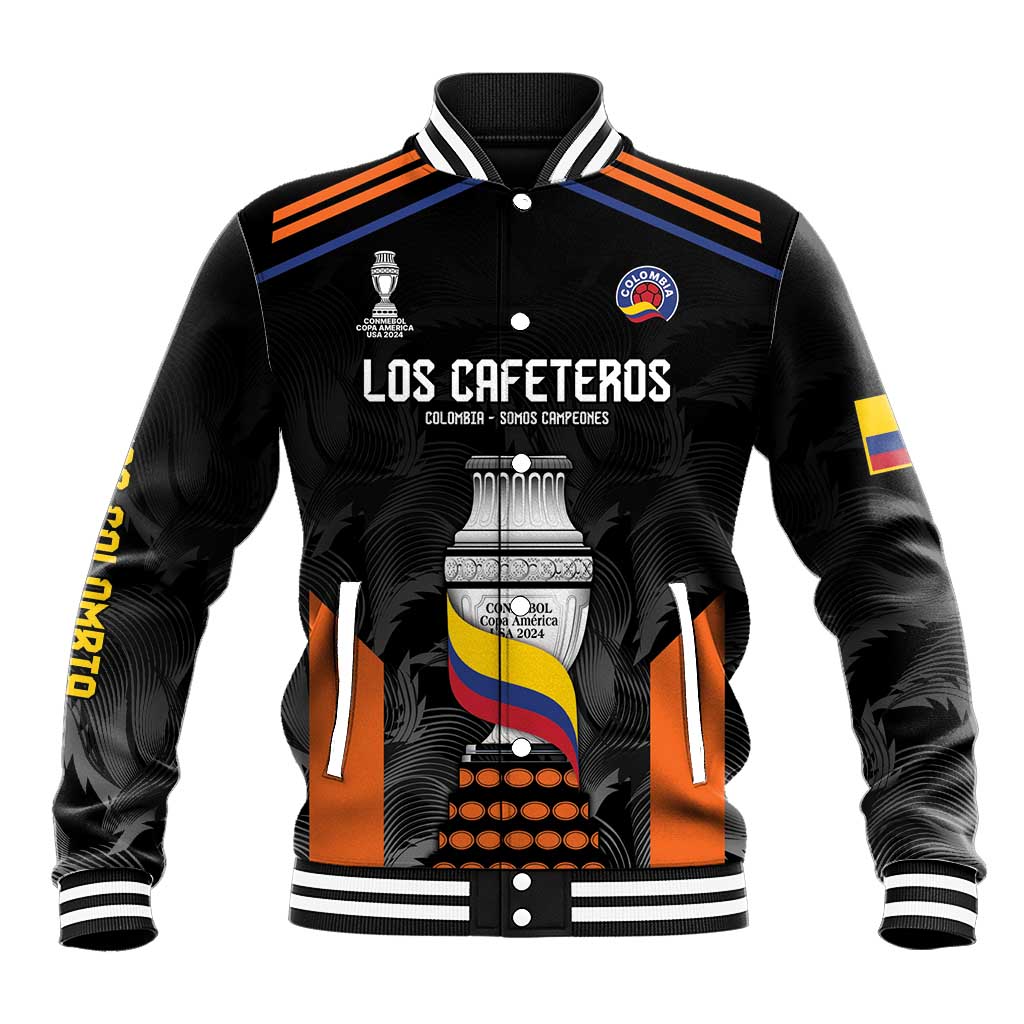 Black baseball jacket with stand collar, orange stripes, crest and Los Cafeteros graphic