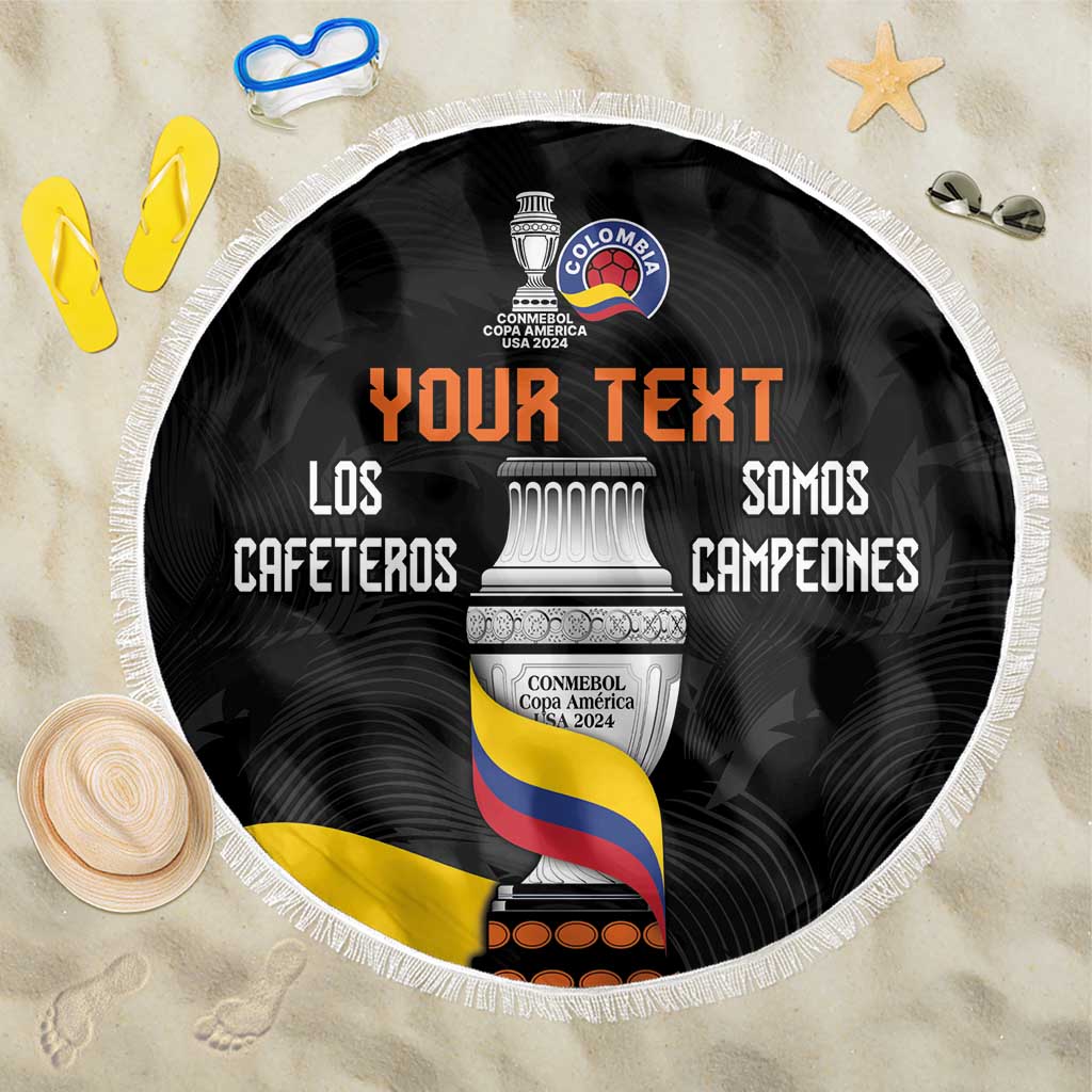 Black round beach blanket with white fringe, Colombia crest with 'Your Text' headline.