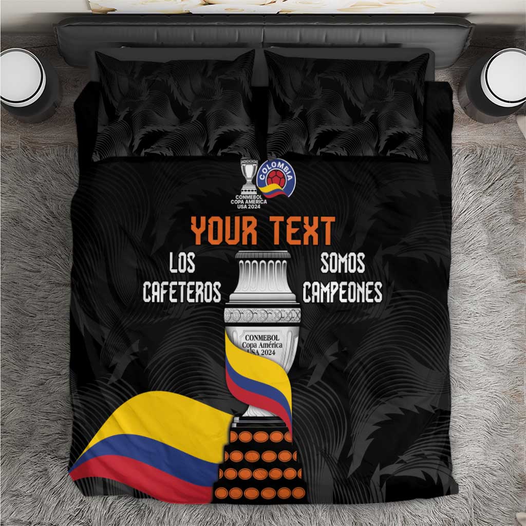 Black bedding set top view with Colombia emblem, 'YOUR TEXT' title, and flag colors.