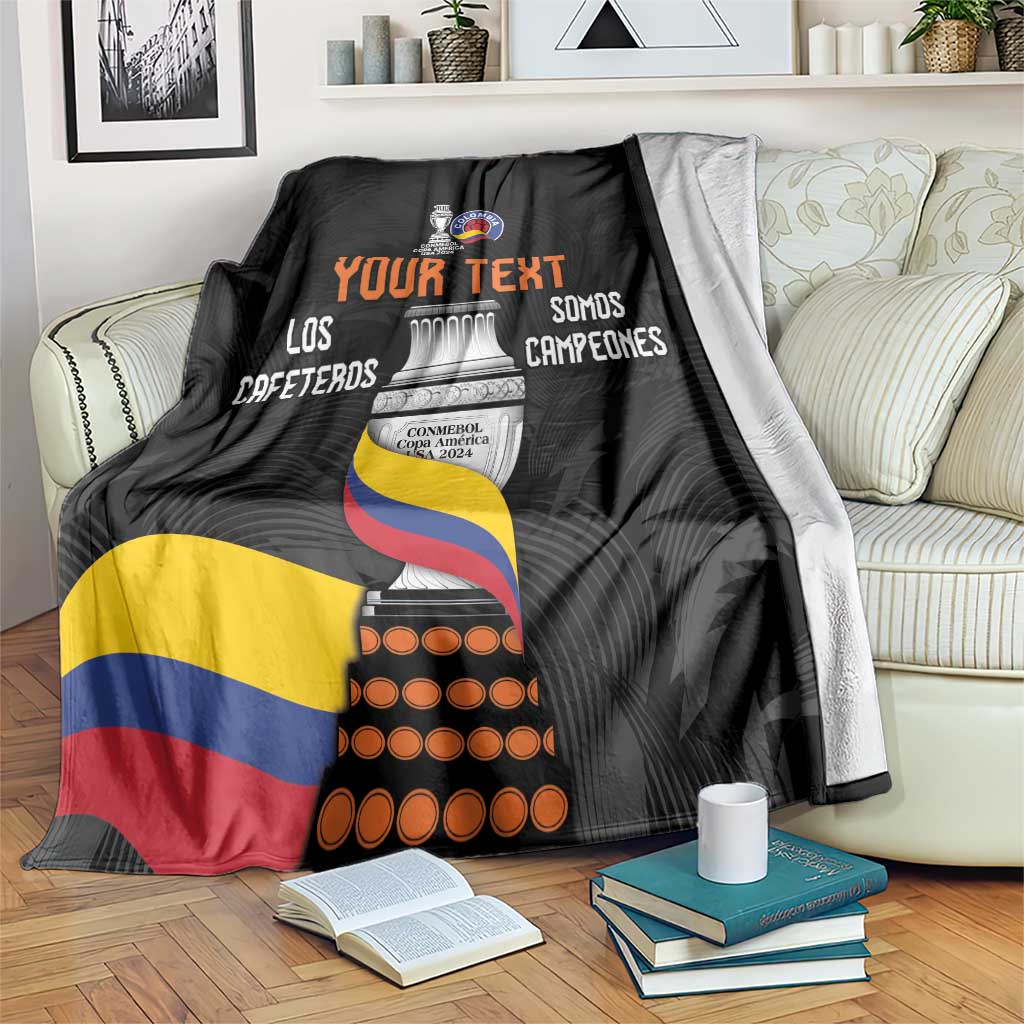 Black custom football blanket with bold "YOUR TEXT" and trophy graphic