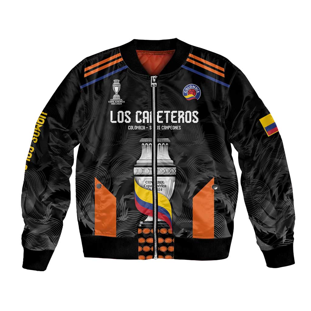 Black unisex bomber jacket with full-zip front and Los Cafeteros football graphic