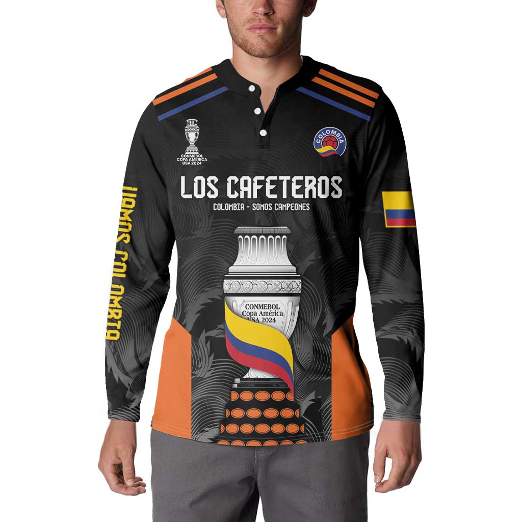 Black football button sweatshirt worn by model with Los Cafeteros chest graphic and long sleeves.