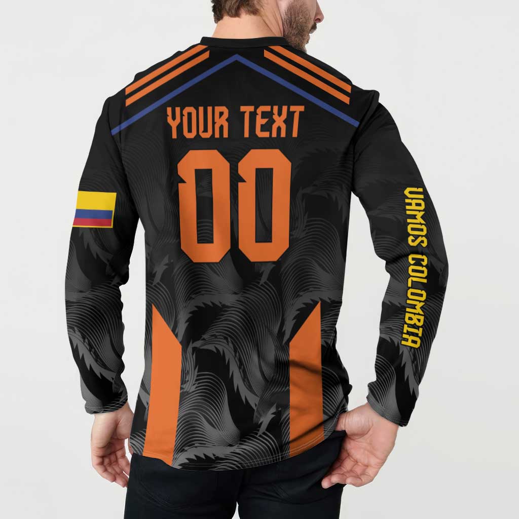 Black football button sweatshirt back with orange “YOUR TEXT” number 00 and long sleeves.