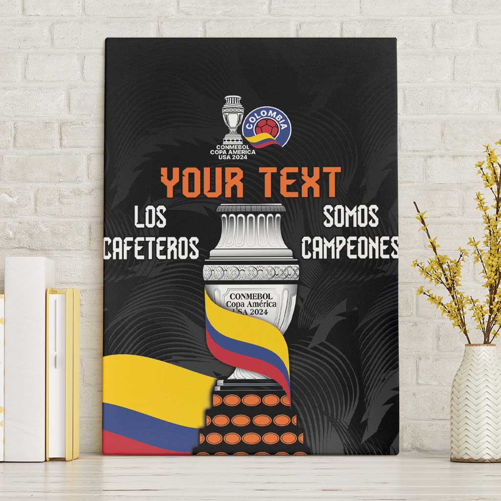 Black canvas wall art with Colombia crest, large “Your Text”, and “Somos Campeones”