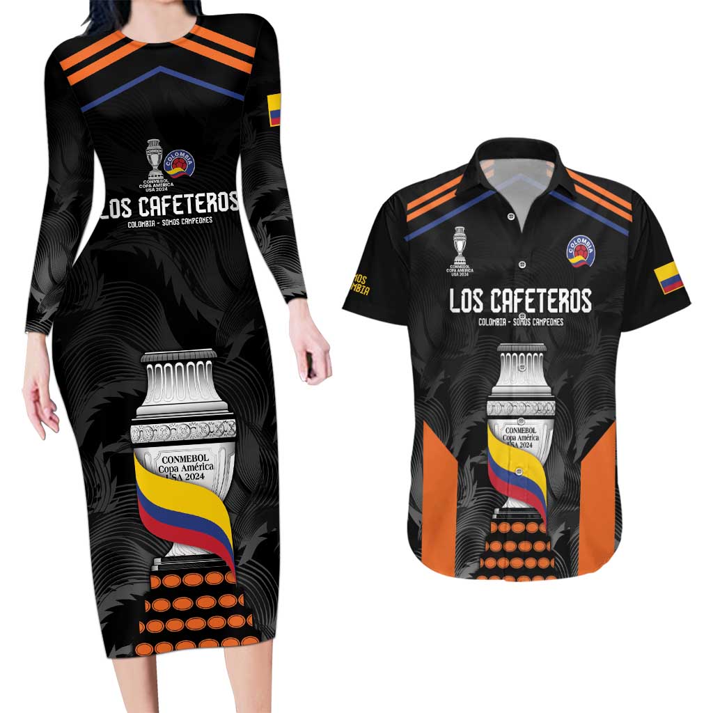 Colombia Champion Football Custom Couples Matching Long Sleeve Bodycon Dress and Hawaiian Shirt Los Cafeteros Black Style LT9 - Wonder Print Shop