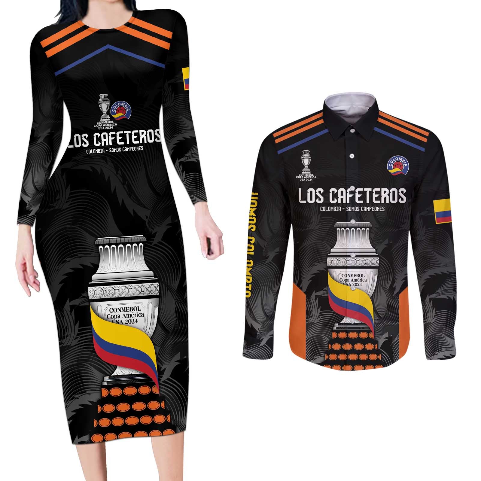 Colombia Champion Football Custom Couples Matching Long Sleeve Bodycon Dress and Long Sleeve Button Shirt Los Cafeteros Black Style LT9 - Wonder Print Shop