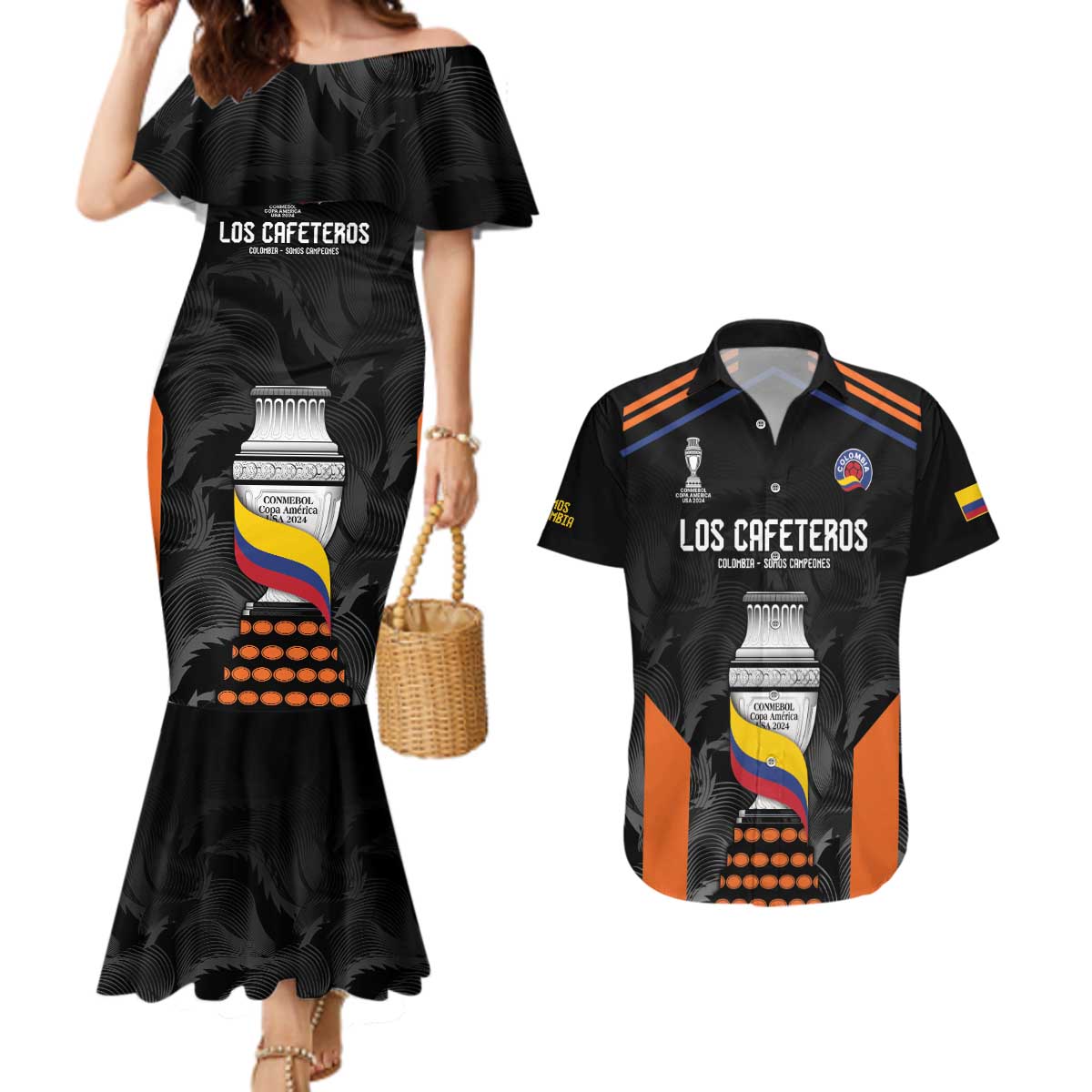 Colombia Champion Football Custom Couples Matching Mermaid Dress and Hawaiian Shirt Los Cafeteros Black Style LT9 - Wonder Print Shop