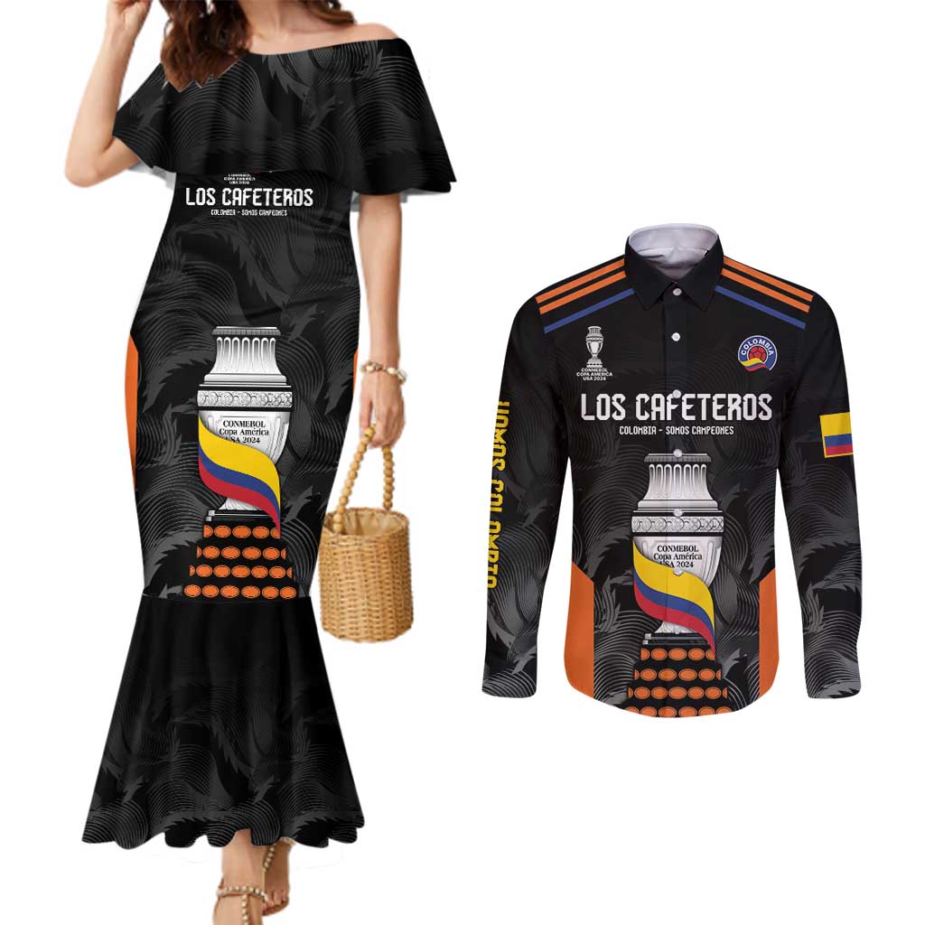 Colombia Champion Football Custom Couples Matching Mermaid Dress and Long Sleeve Button Shirt Los Cafeteros Black Style