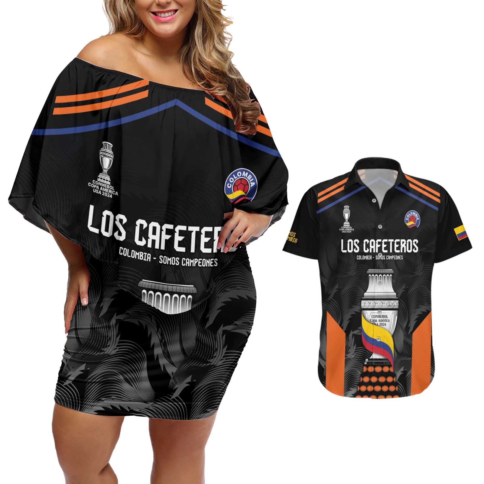 Colombia Champion Football Custom Couples Matching Off Shoulder Short Dress and Hawaiian Shirt Los Cafeteros Black Style LT9 - Wonder Print Shop