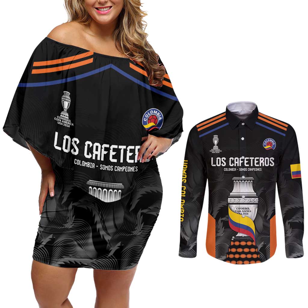 Colombia Champion Football Custom Couples Matching Off Shoulder Short Dress and Long Sleeve Button Shirt Los Cafeteros Black Style LT9 - Wonder Print Shop