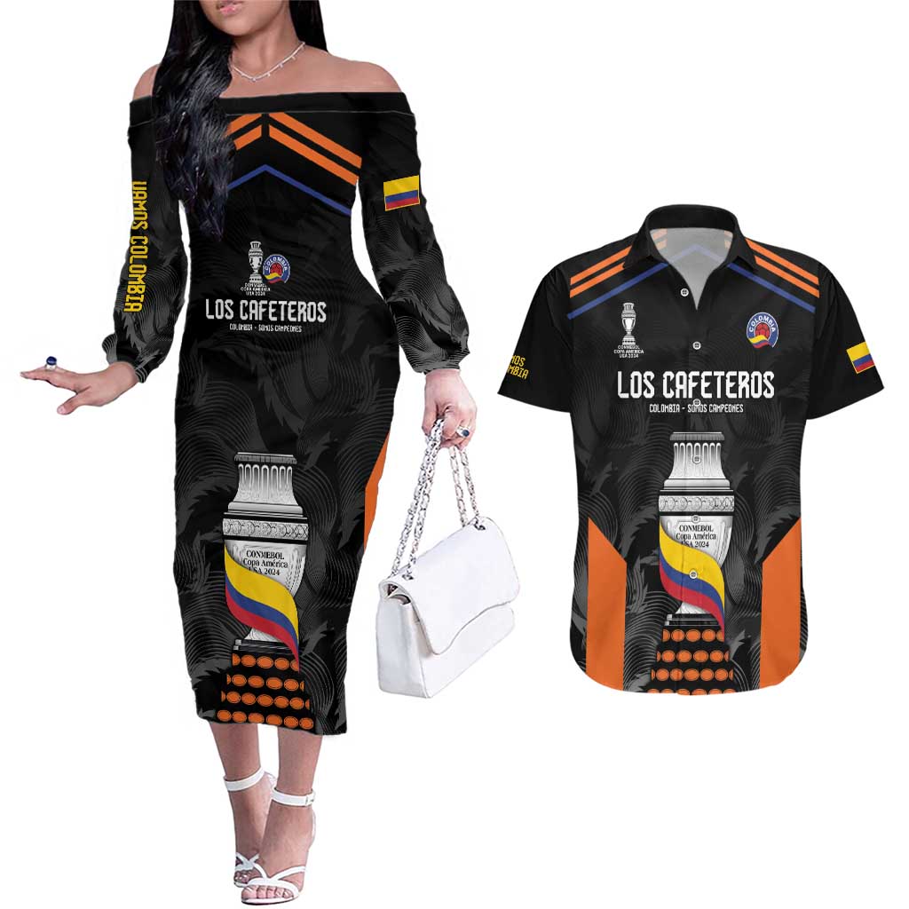 Colombia Champion Football Custom Couples Matching Off The Shoulder Long Sleeve Dress and Hawaiian Shirt Los Cafeteros Black Style LT9 - Wonder Print Shop