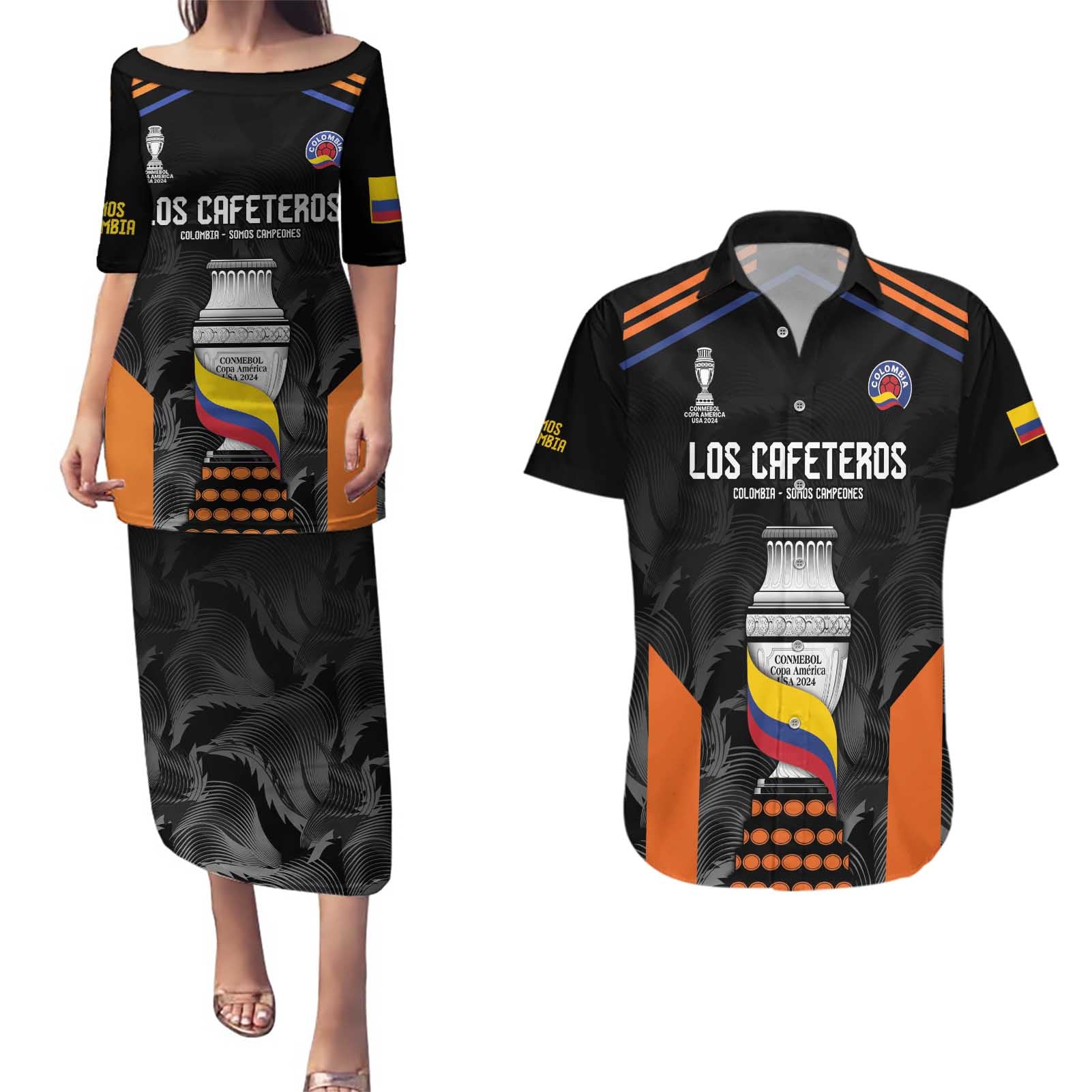 Colombia Champion Football Custom Couples Matching Puletasi and Hawaiian Shirt Los Cafeteros Black Style LT9 - Wonder Print Shop