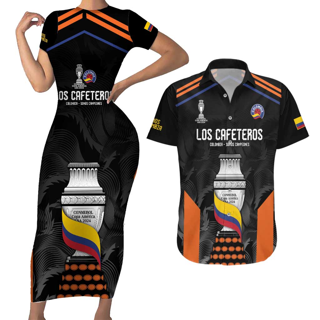 Colombia Champion Football Custom Couples Matching Short Sleeve Bodycon Dress and Hawaiian Shirt Los Cafeteros Black Style LT9 - Wonder Print Shop