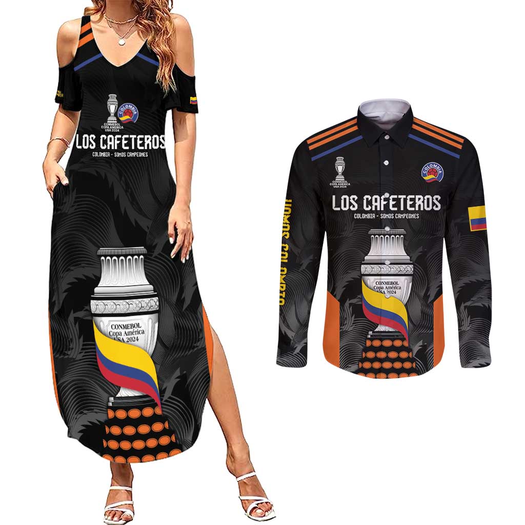 Colombia Champion Football Custom Couples Matching Summer Maxi Dress and Long Sleeve Button Shirt Los Cafeteros Black Style LT9 - Wonder Print Shop