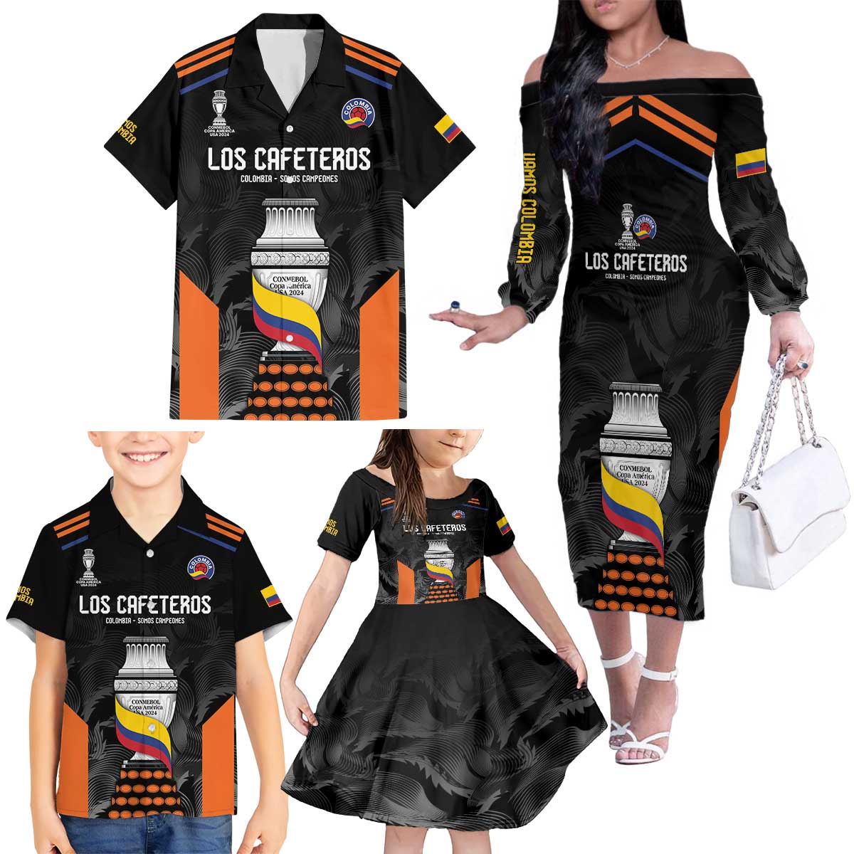 Colombia Champion Football Custom Family Matching Off The Shoulder Long Sleeve Dress and Hawaiian Shirt Los Cafeteros Black Style - Wonder Print Shop