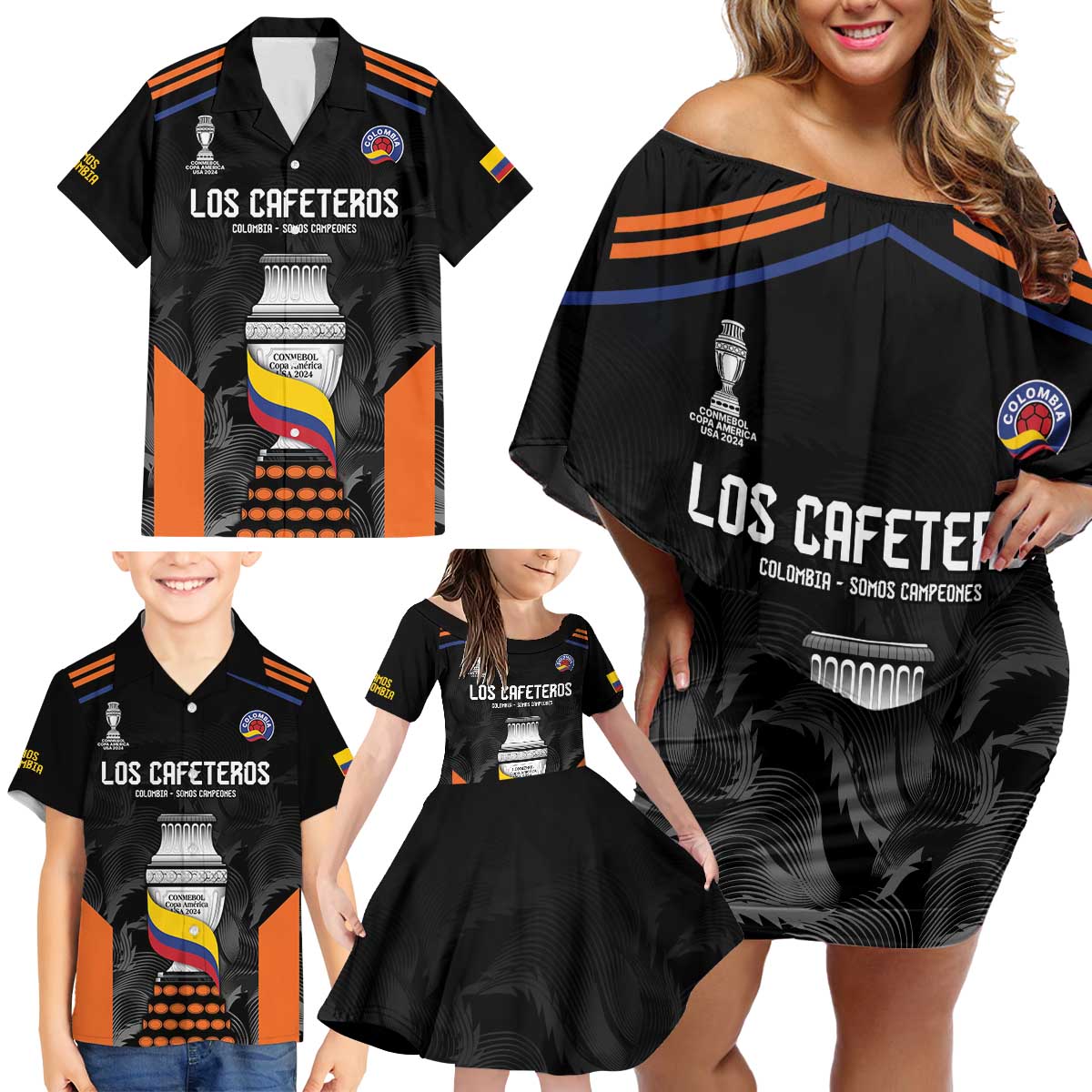 Colombia Champion Football Custom Family Matching Off Shoulder Short Dress and Hawaiian Shirt Los Cafeteros Black Style LT9 - Wonder Print Shop