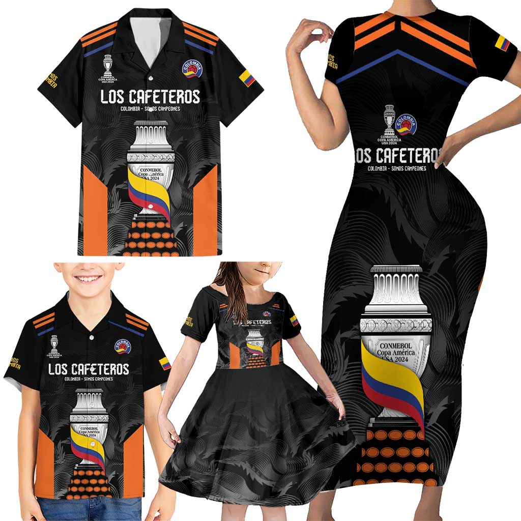 Colombia Champion Football Custom Family Matching Short Sleeve Bodycon Dress and Hawaiian Shirt Los Cafeteros Black Style - Wonder Print Shop