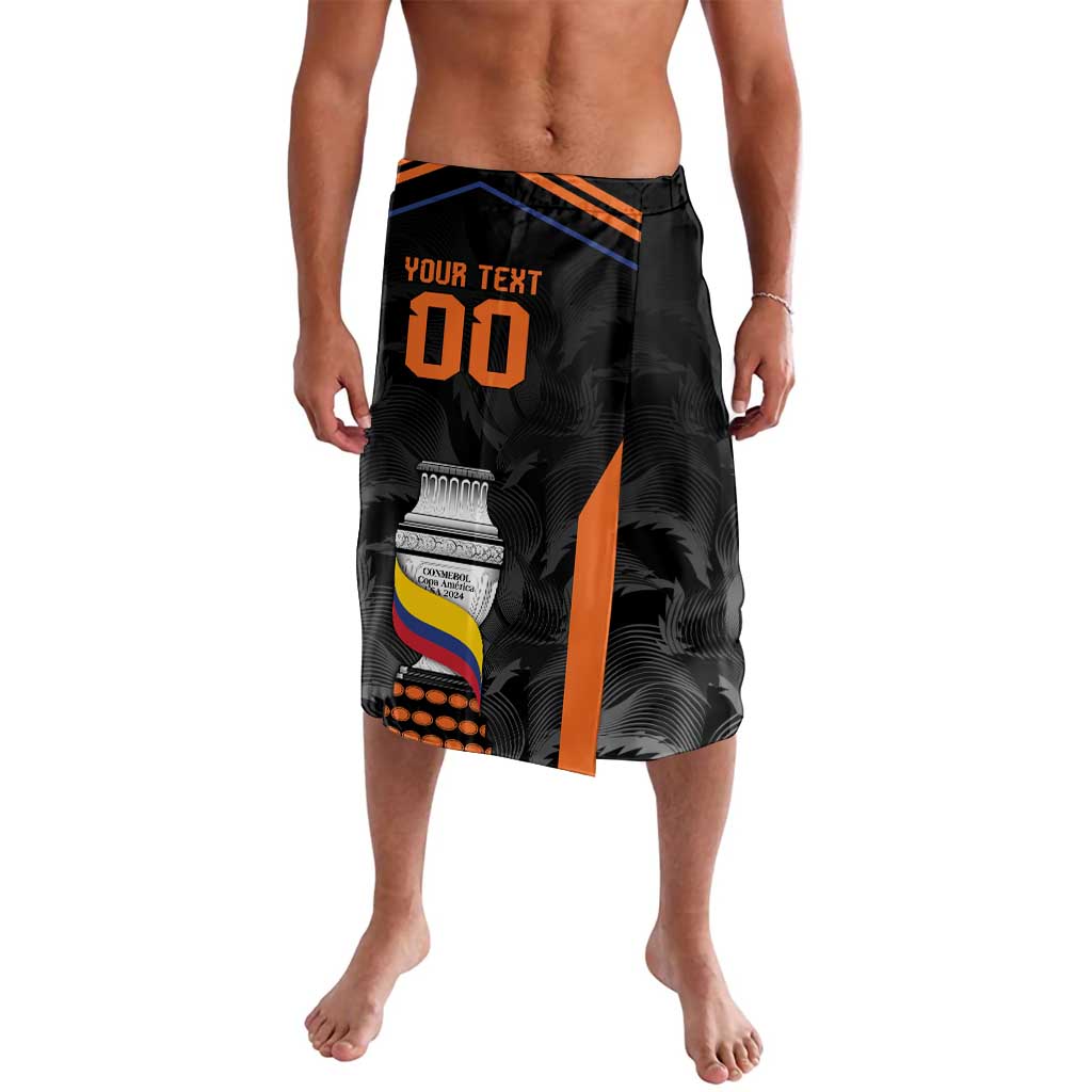 Black lavalava wrap skirt with orange stripes and football graphic, front slit
