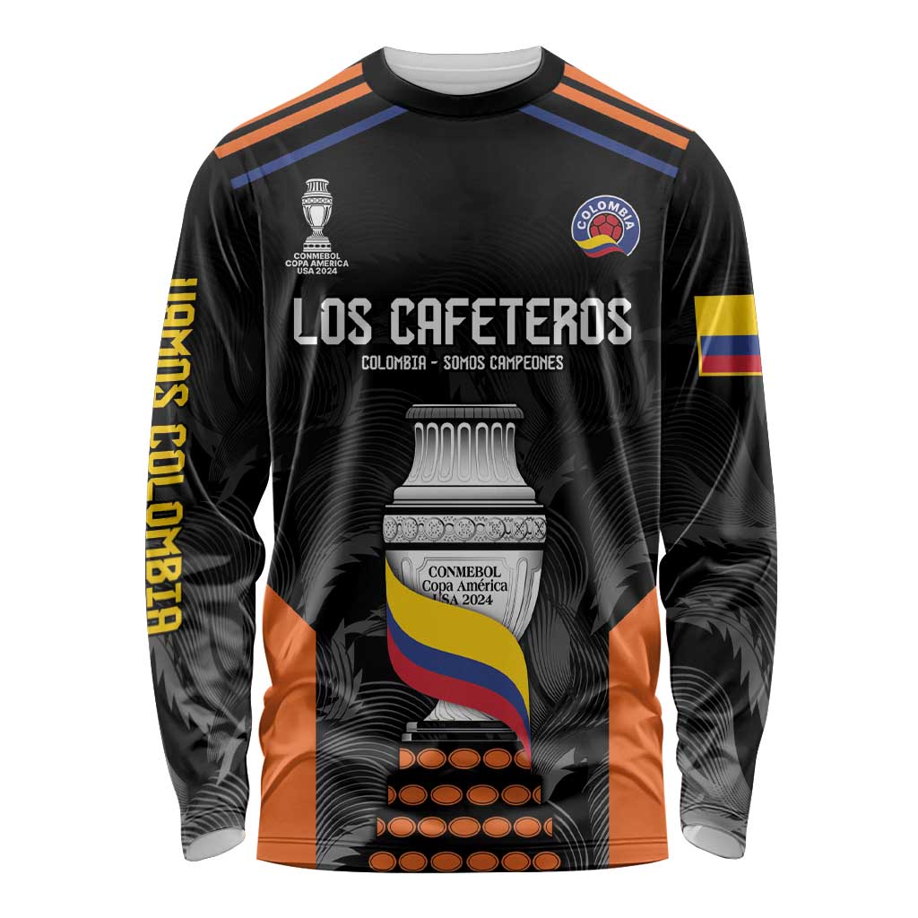 Black long-sleeve football shirt with Los Cafeteros graphic, orange and blue sleeve stripes