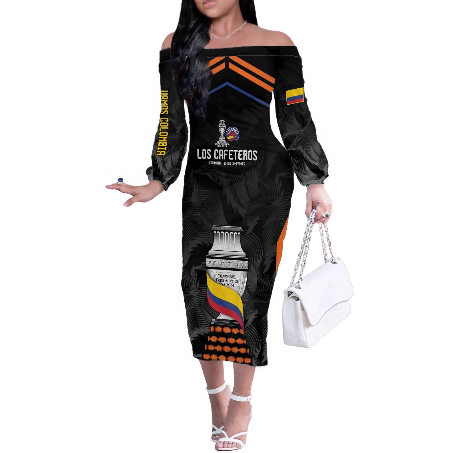 Colombia Champion Football Custom Off The Shoulder Long Sleeve Dress Los Cafeteros Black Style - Wonder Print Shop