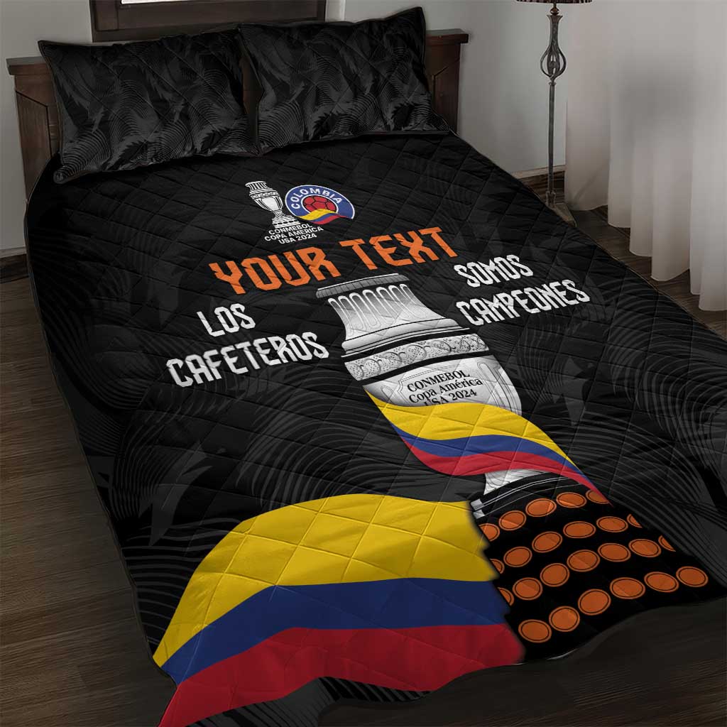 Black quilt bed set with Los Cafeteros graphic and Colombian flag on comforter