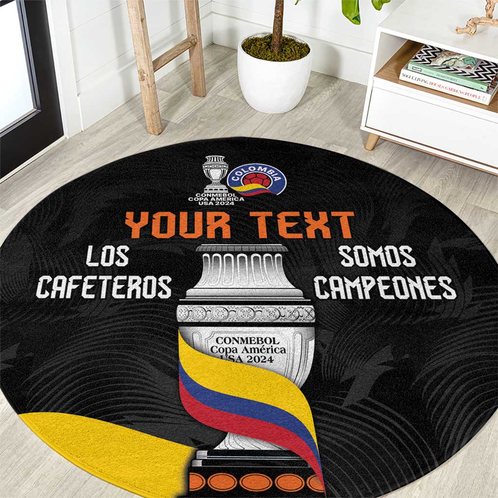 Black round football carpet with crest emblem and orange slogan text