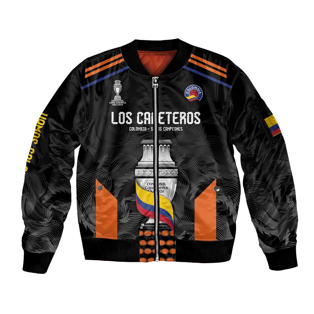 Black zip bomber jacket with Los Cafeteros front crest and ribbed hem
