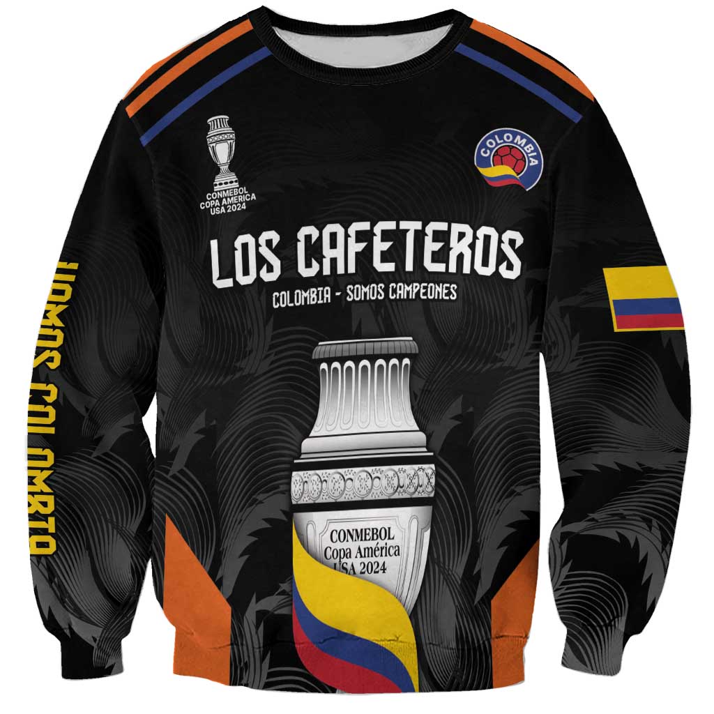Black custom football sweatshirt with Los Cafeteros graphic and Colombia flag patch