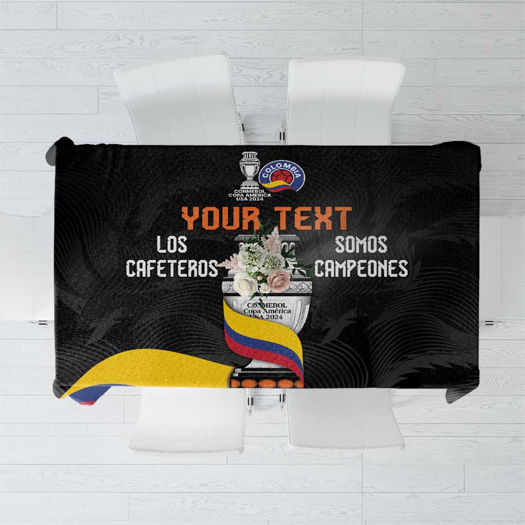 Black custom tablecloth with Colombia crest and 'YOUR TEXT' panel, orange accents