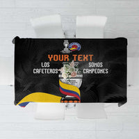 Black custom tablecloth with Colombia crest and 'YOUR TEXT' panel, orange accents