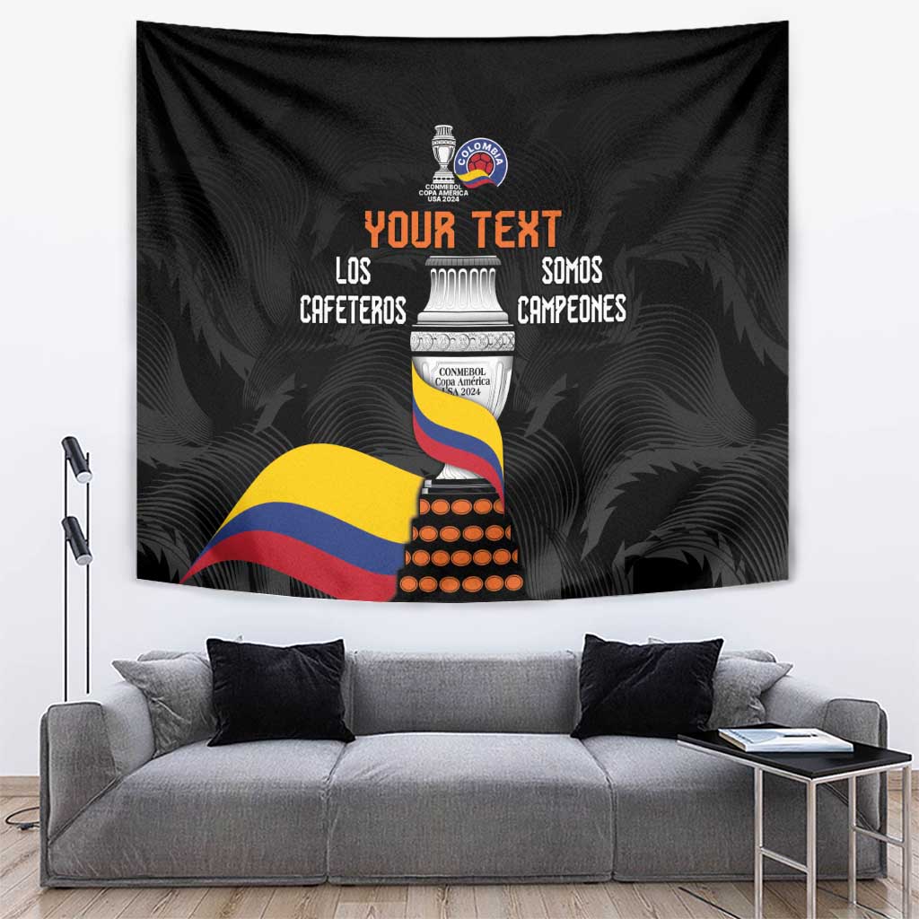 Black wall tapestry featuring Colombia emblem, “Los Cafeteros / Somos Campeones” lettering