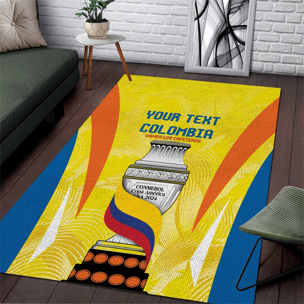 Yellow and blue striped custom area rug with orange panels and centered emblem graphic