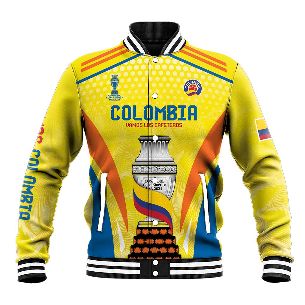 Yellow unisex baseball jacket with striped ribbed collar and Colombia front graphic