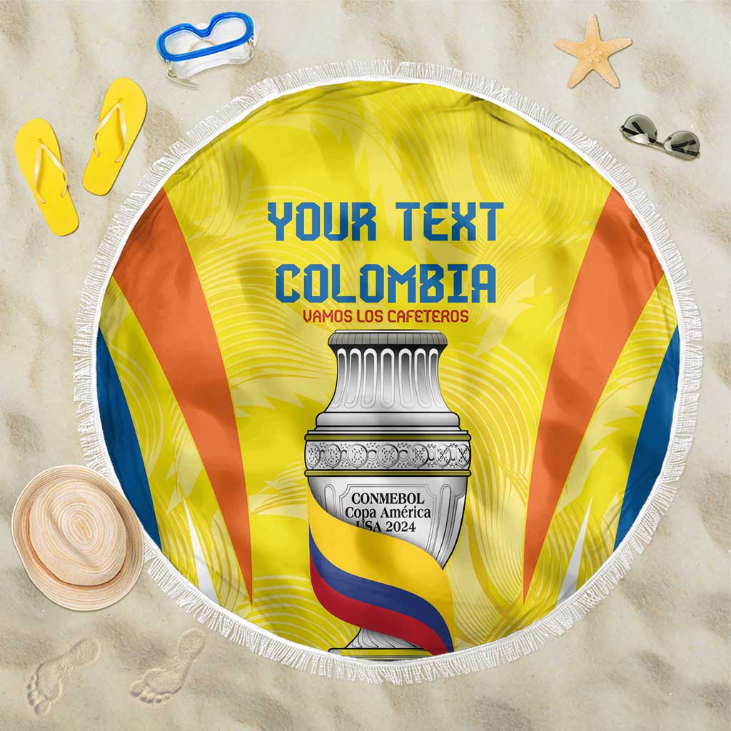 Round yellow beach blanket with white fringe, central Colombia graphic and your text.