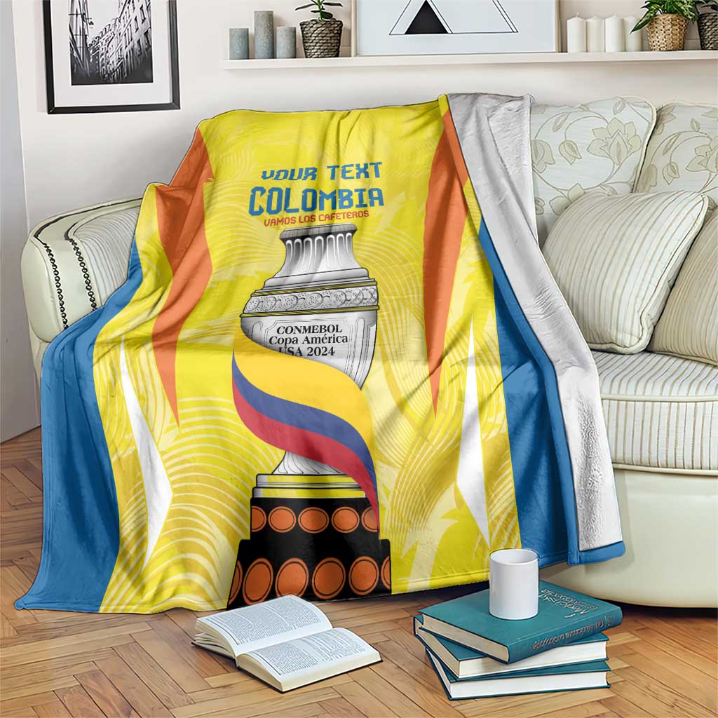 Yellow custom football blanket with Colombia crest graphic and blue-orange side stripes