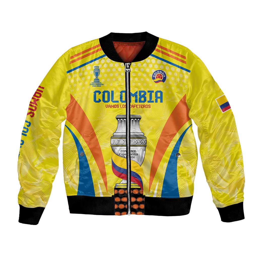 Yellow unisex bomber jacket with front zipper and bold Colombia stadium graphic